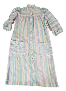 Vintage Models Coat Womens Snap House Dress Multicolor Striped Puff Sleeve #1876